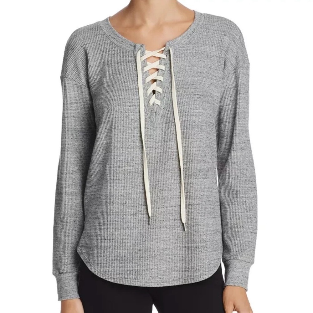 SPLENDID Gray Thermal Lace-Up Waffle Knit Shirt
